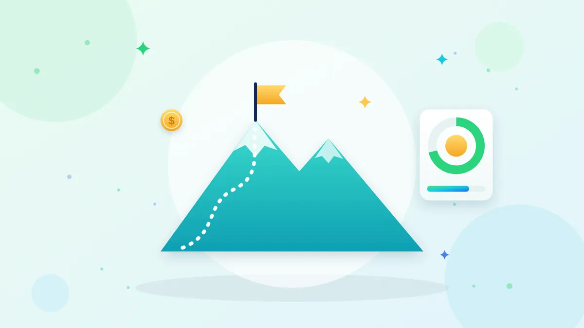 Mountain with a flag at the summit and a goal progress ring
