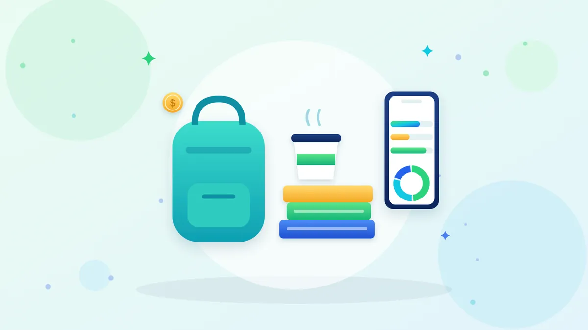 Backpack, textbooks, coffee cup, and a phone showing a simple budget