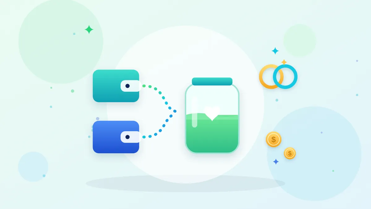 Two wallets flowing into one shared savings jar with a heart, next to two linked rings