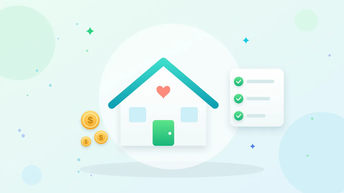 House with a heart beside a shared checklist and coins of different sizes