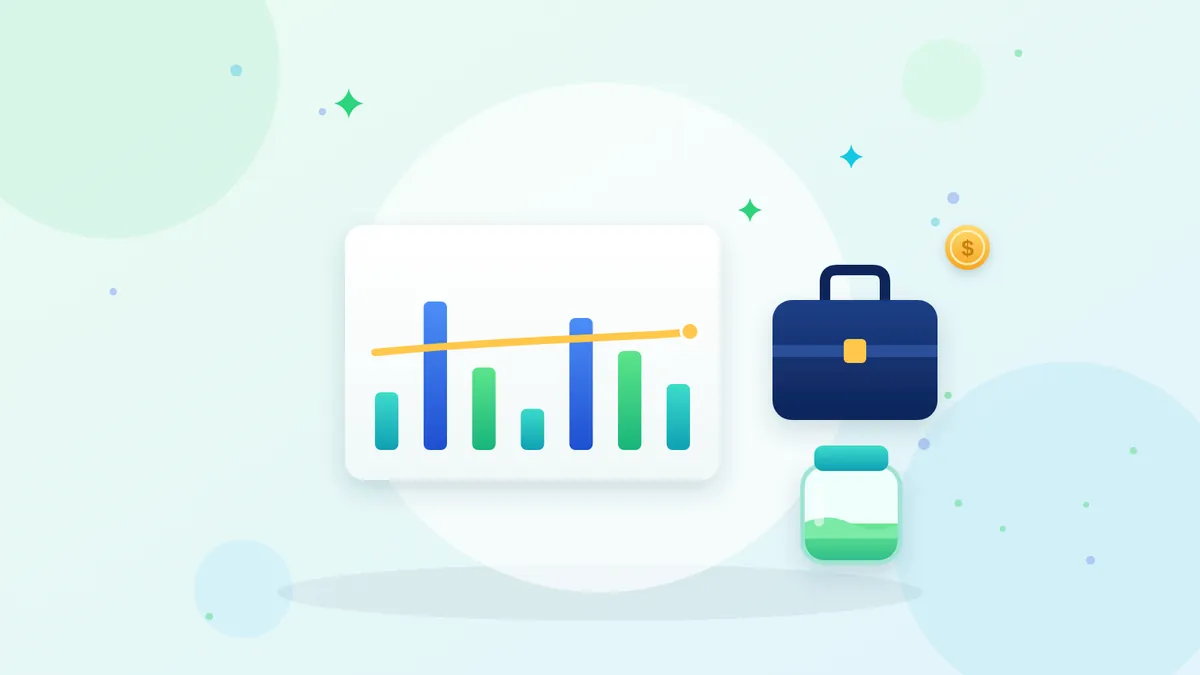 Uneven income bars smoothed by a steady line, a work bag, and a buffer jar