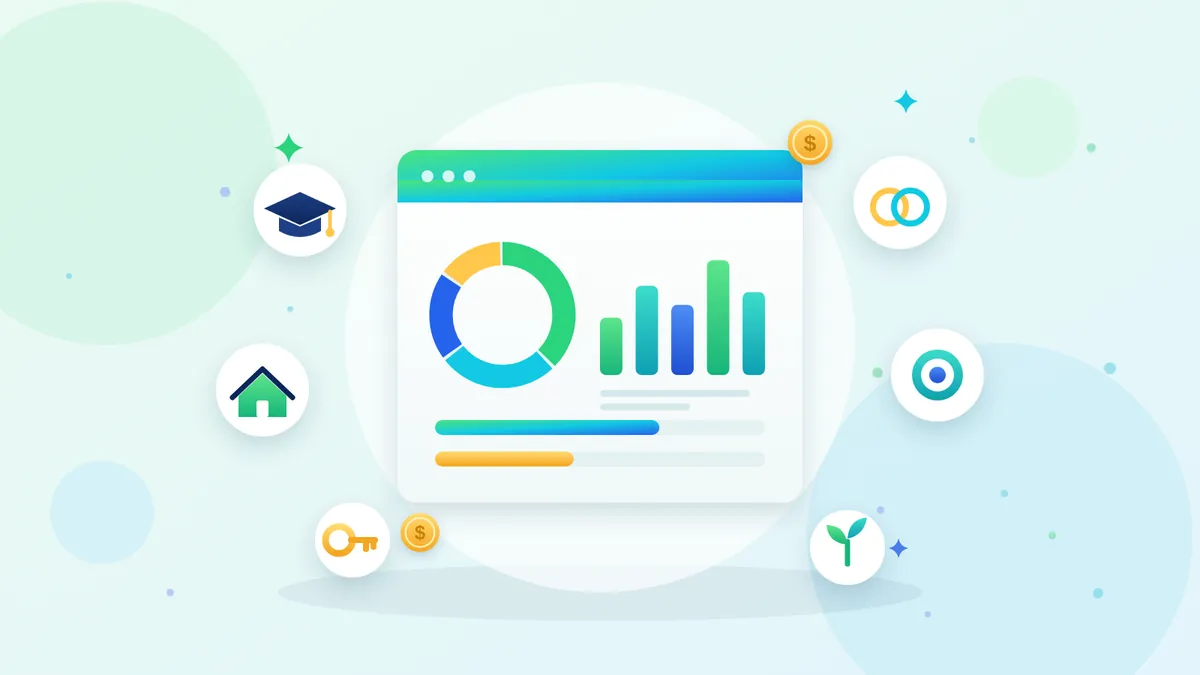 Friendly green and teal illustration of a budget dashboard surrounded by icons for students, couples, homes, goals, and fresh starts