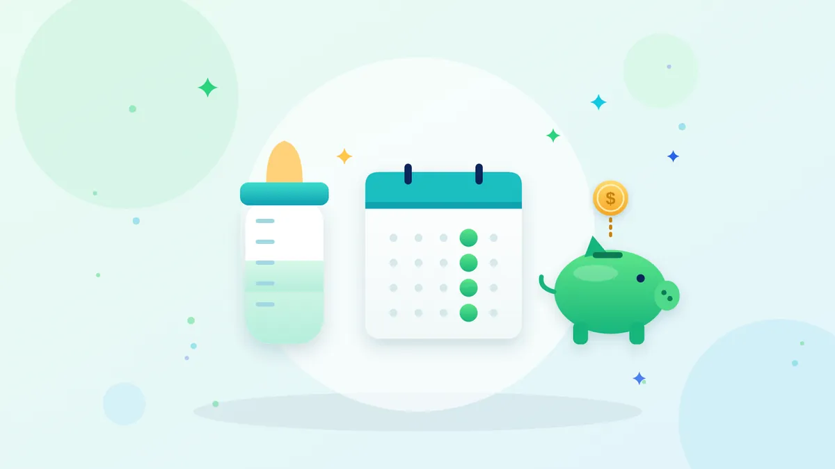 Baby bottle, a calendar with planned dates, and a piggy bank with a coin