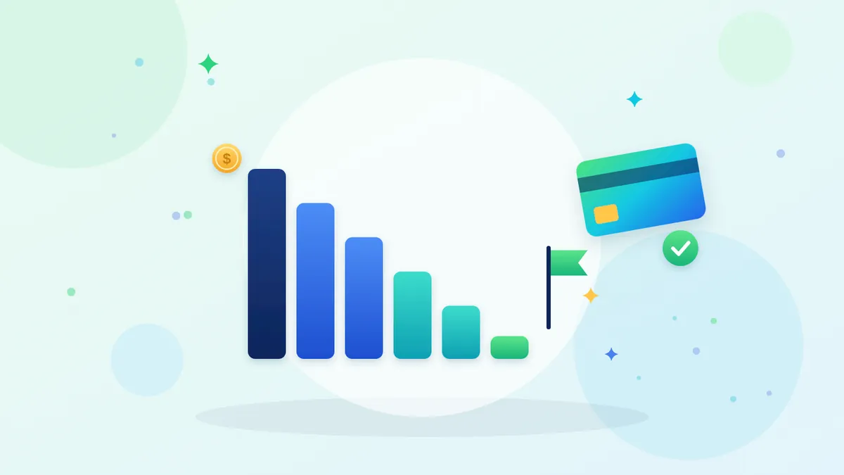 Bars stepping down to a finish flag beside a credit card and a check mark