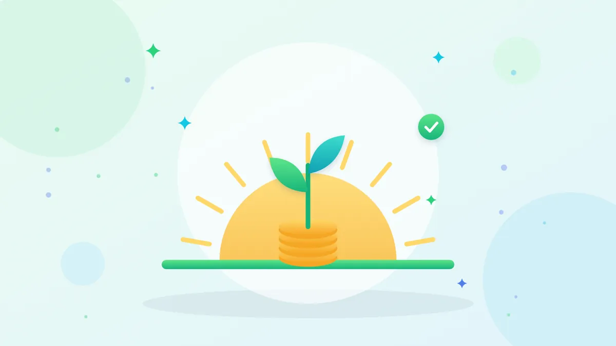 Sprout growing from a coin stack in front of a rising sun