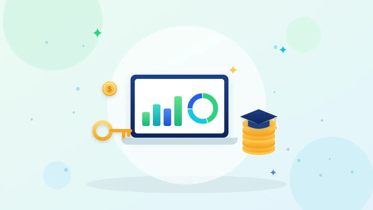 Laptop with a spending chart, a graduation cap on a stack of coins, and a new apartment key