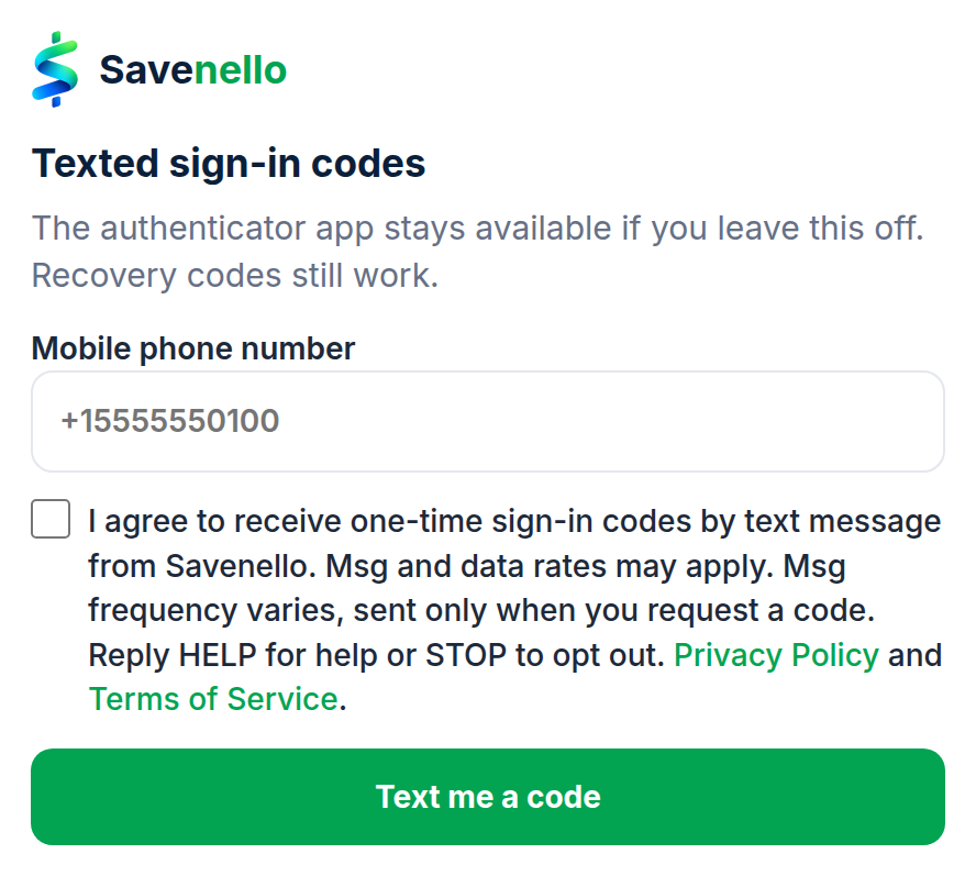 Savenello opt-in form for texted sign-in codes